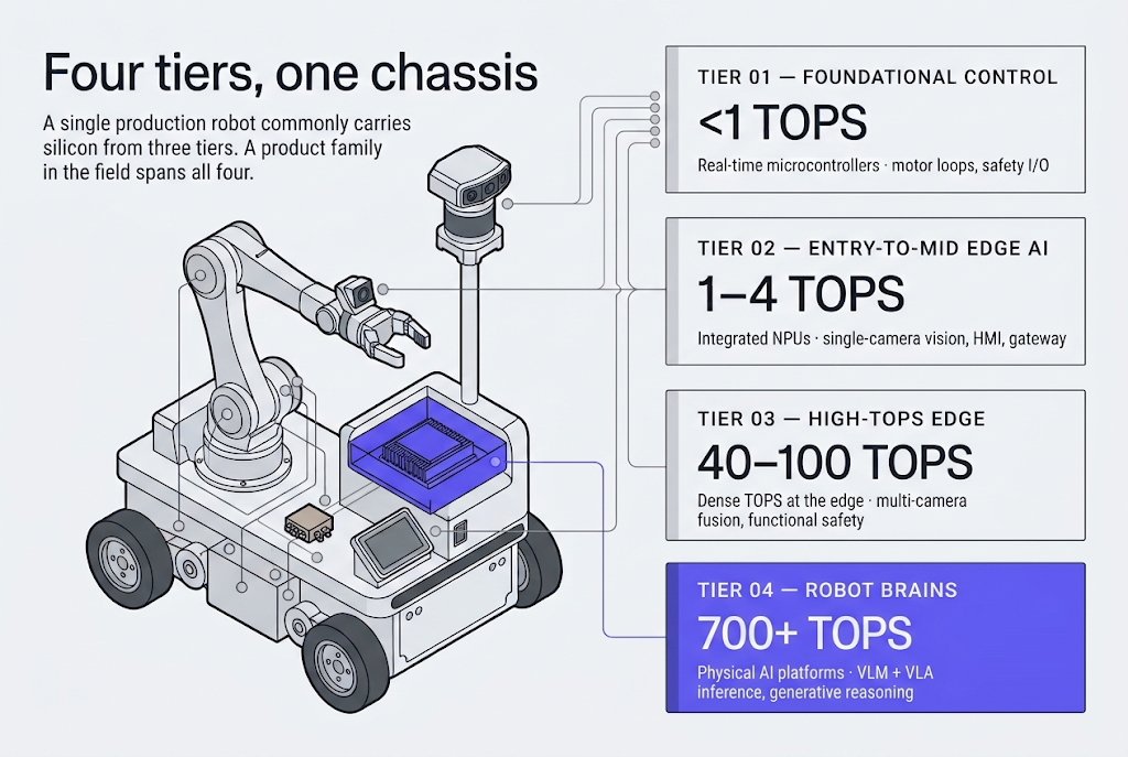 A mobile manipulator robot with four classes of compute called out: tier 01 real-time microcontrollers under 1 TOPS at the arm joints, wheel motors and safety relay; tier 02 integrated NPUs at 1 to 4 TOPS at the wrist camera and base HMI panel; tier 03 high-TOPS edge compute at 40 to 100 TOPS in the multi-camera sensor mast; and tier 04 physical AI platforms at 700-plus TOPS in the torso compute bay.