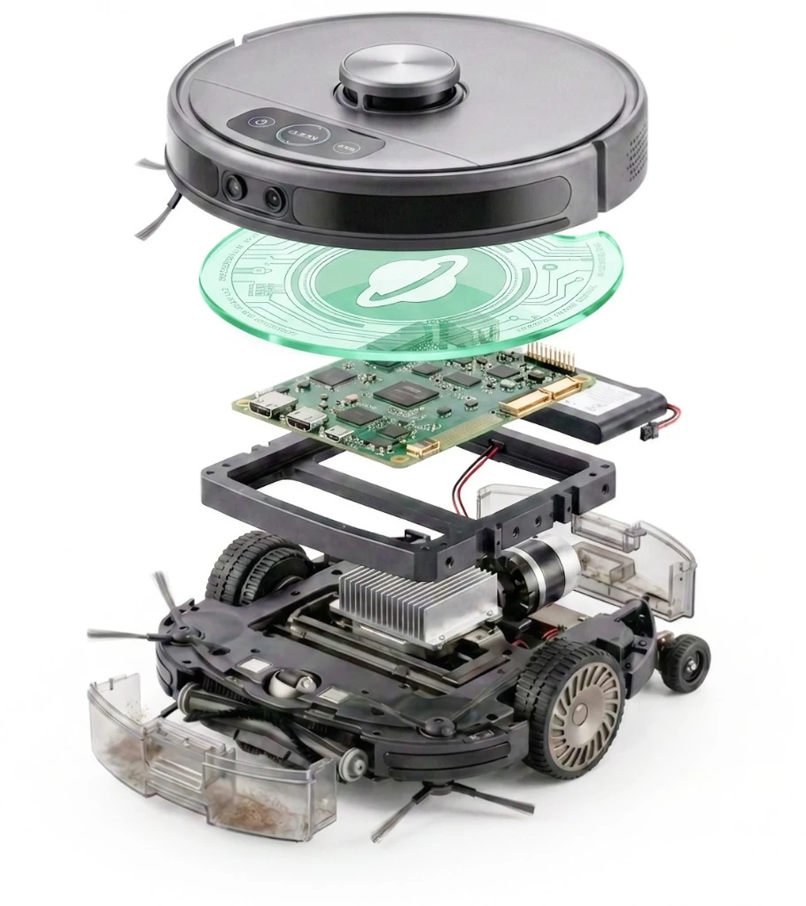 Exploded view of a mobile robot: drive base, chassis, compute module, and sensor shell, with the Avocado OS software layer shown as a green plane between the compute module and the shell.