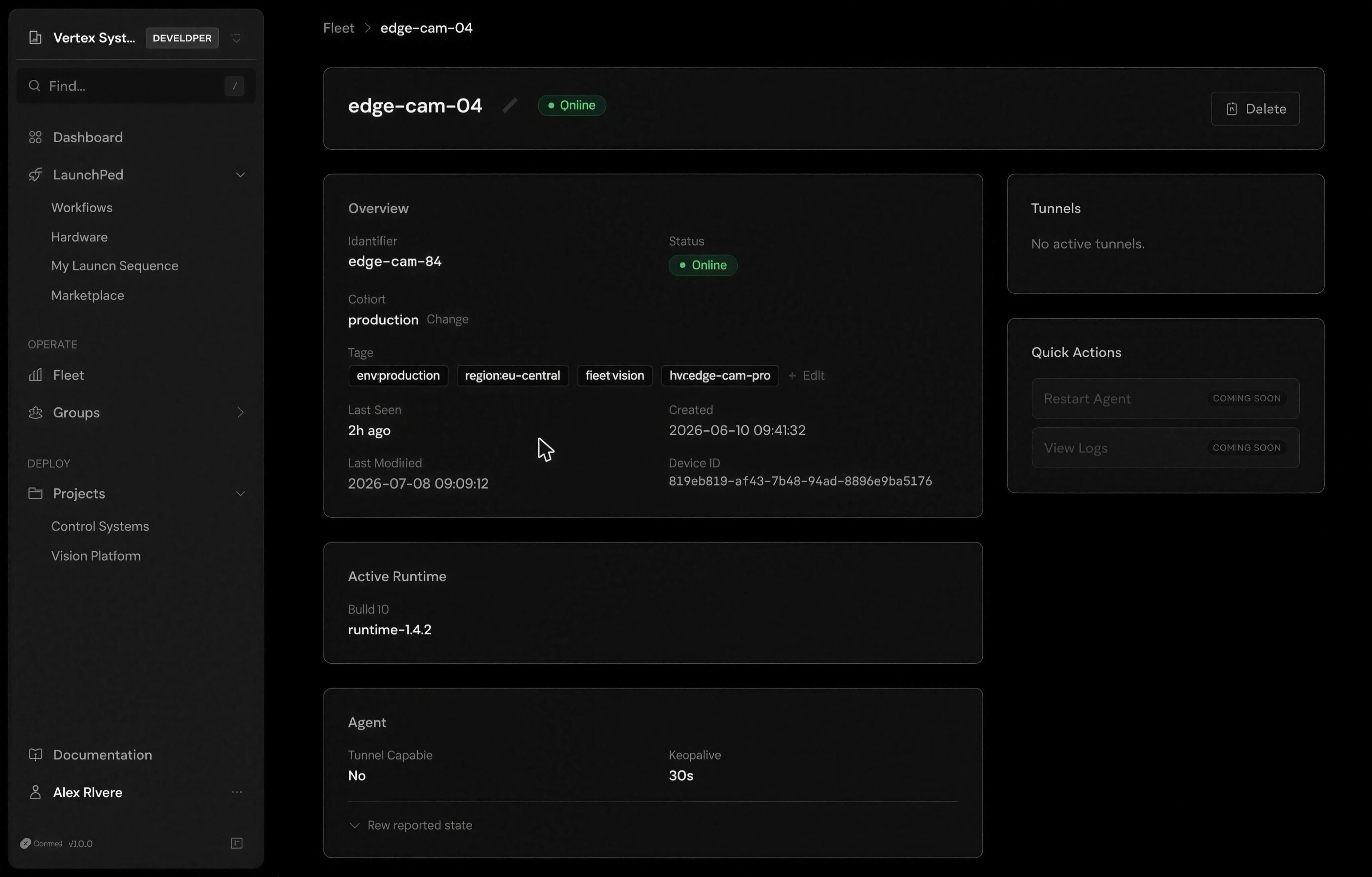 Avocado Connect device detail for edge-cam-04: overview, active runtime, agent configuration, and tunnels