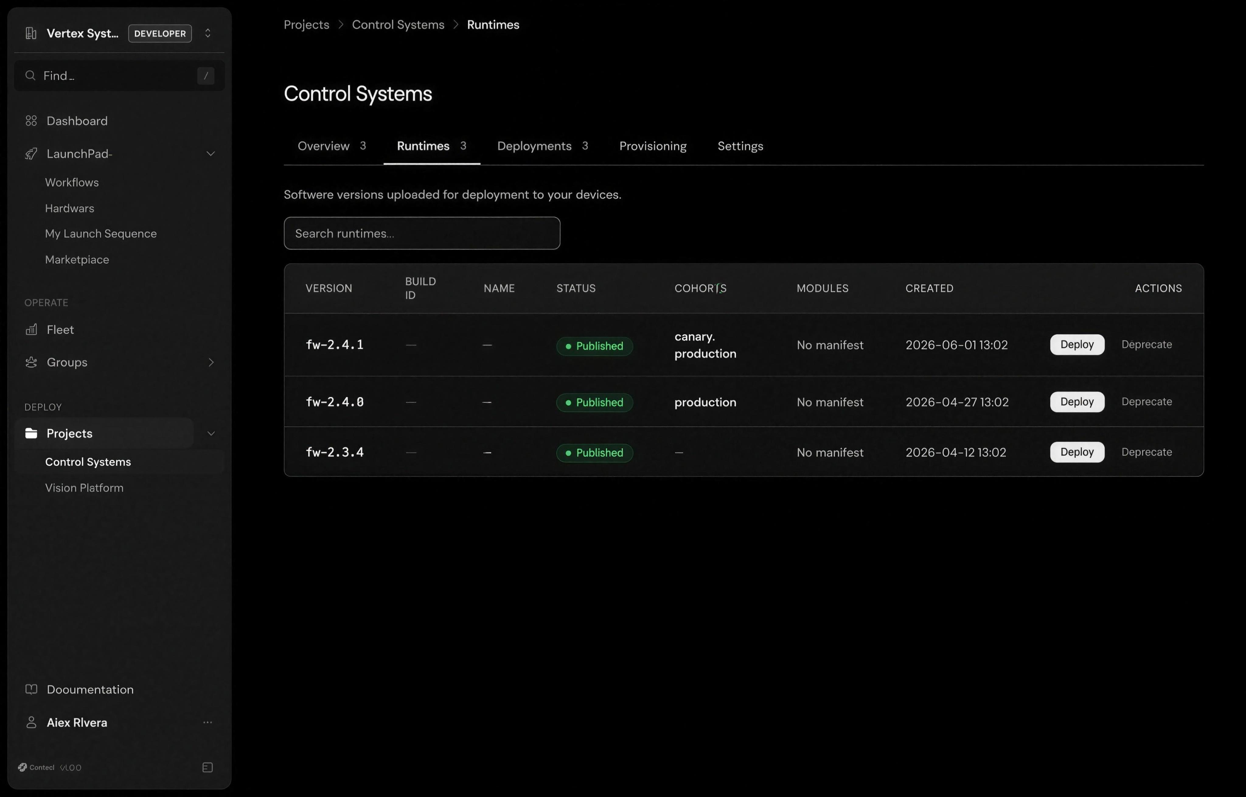 Avocado Connect runtimes list: fw-2.4.1, fw-2.4.0, and fw-2.3.4 published, with the cohorts each is assigned to