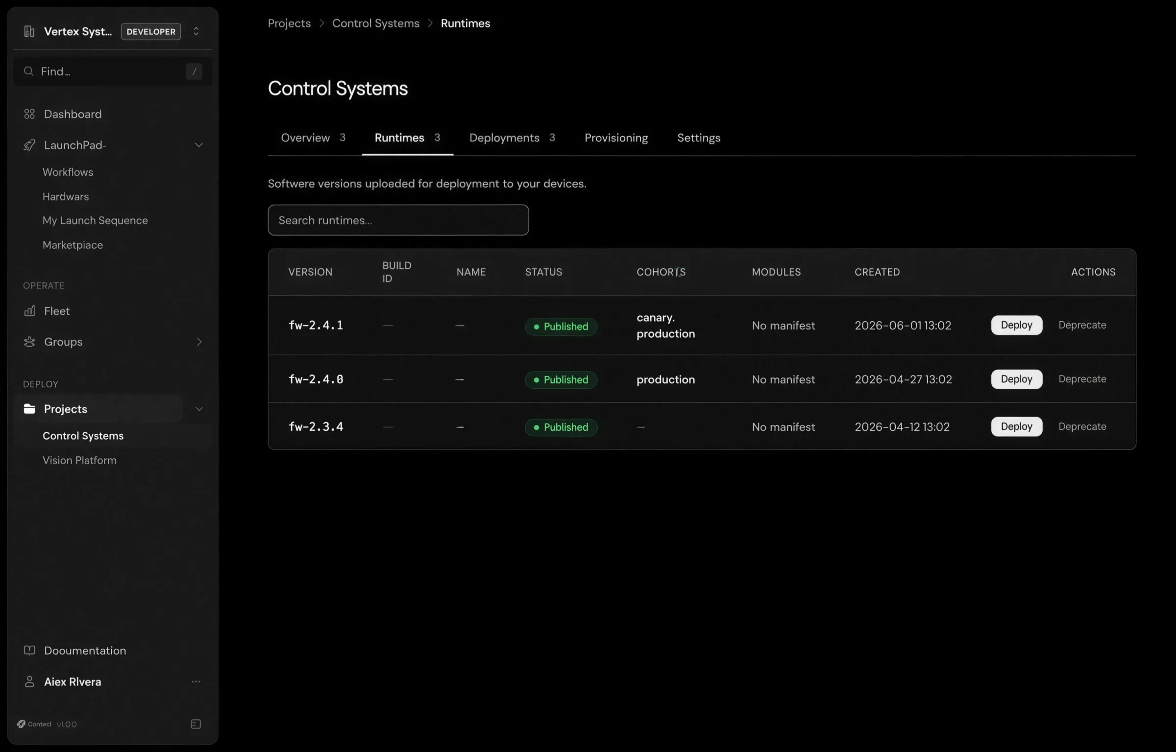 Avocado Connect runtimes list: fw-2.4.1, fw-2.4.0, and fw-2.3.4 published, with the cohorts each is assigned to