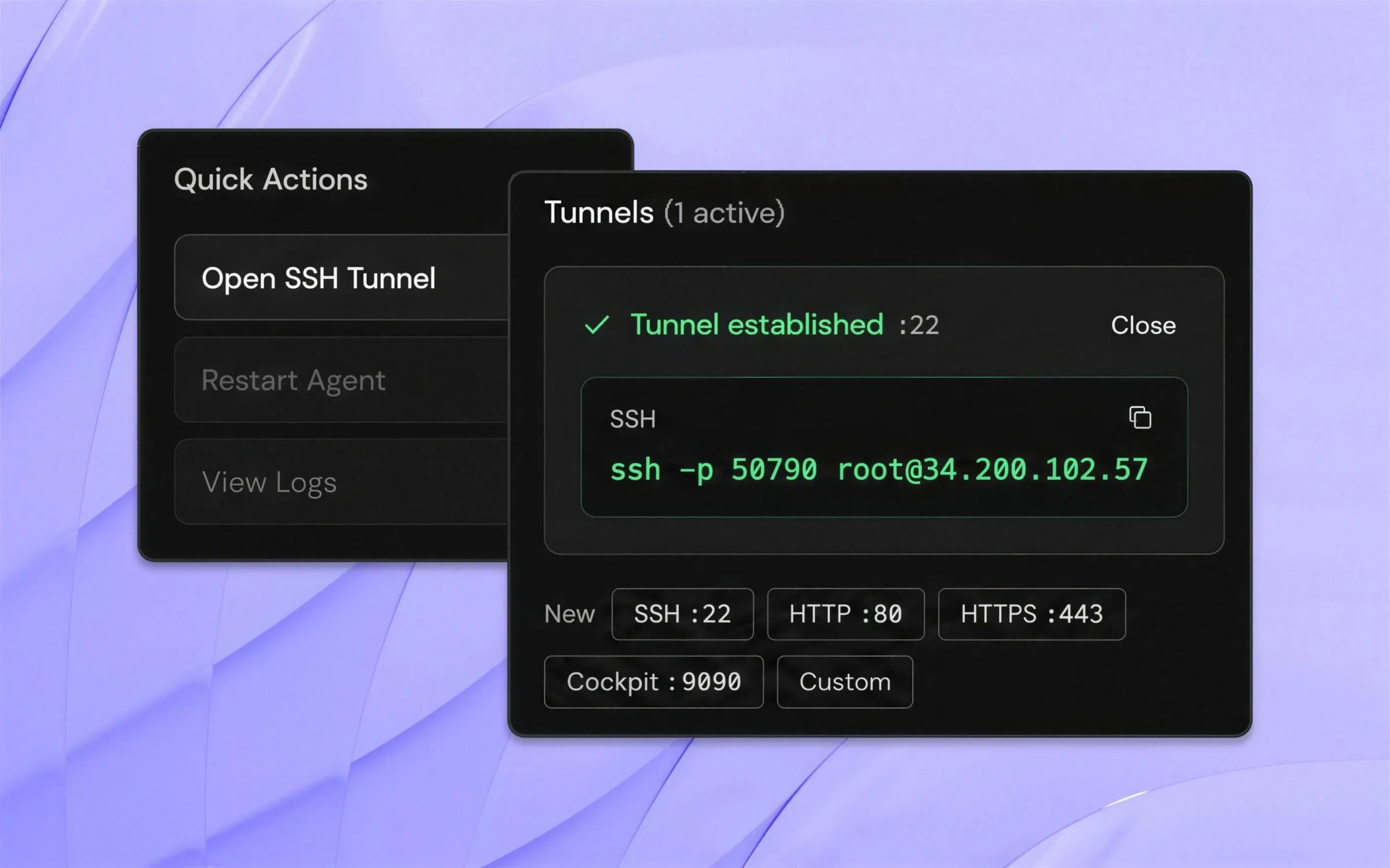 Avocado Connect device page with a tunnel established on port 22 and the port presets