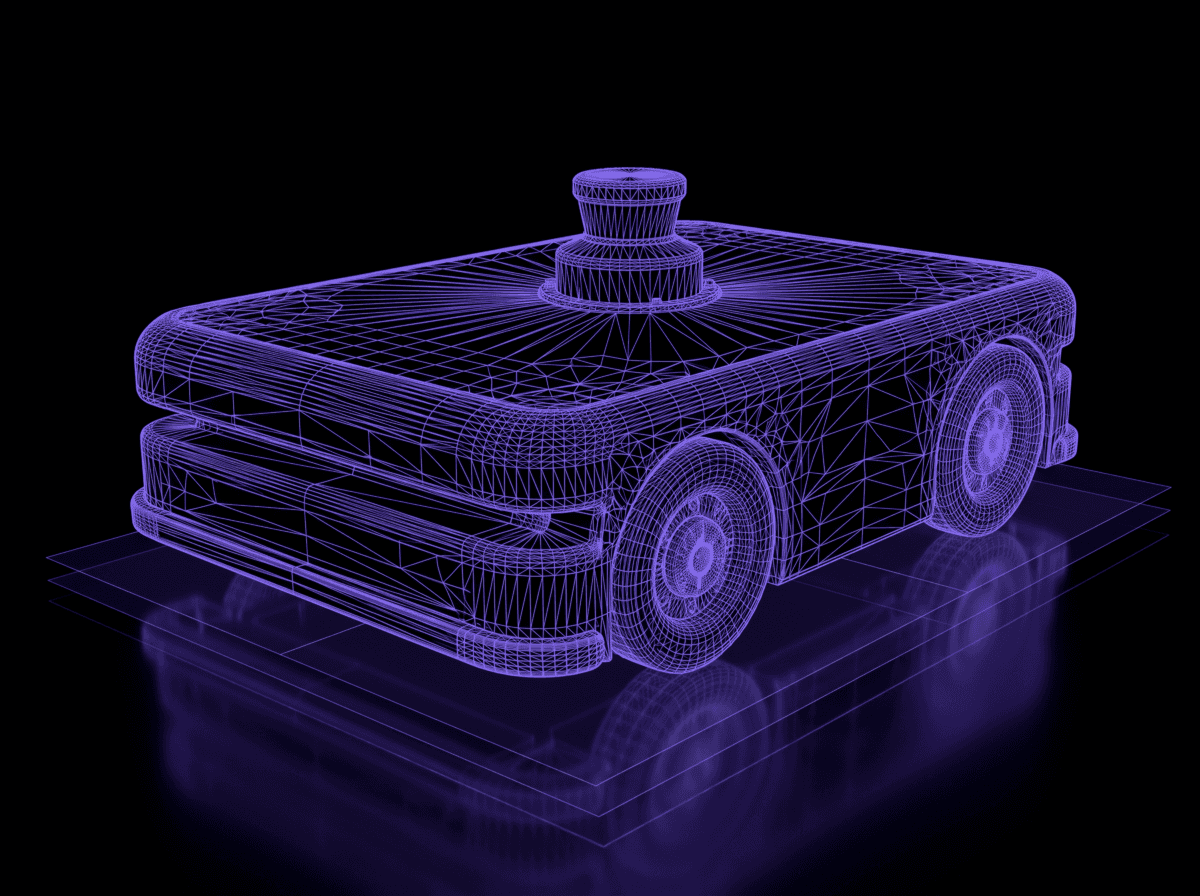 Autonomous mobile robot rendered as a purple wireframe over stacked grid planes