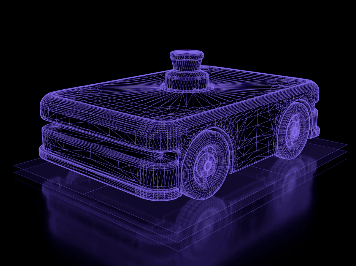 Autonomous mobile robot rendered as a purple wireframe over stacked grid planes