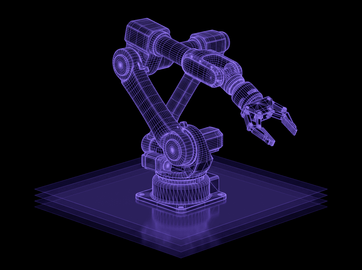 Six-axis industrial robot arm rendered as a purple wireframe over stacked grid planes