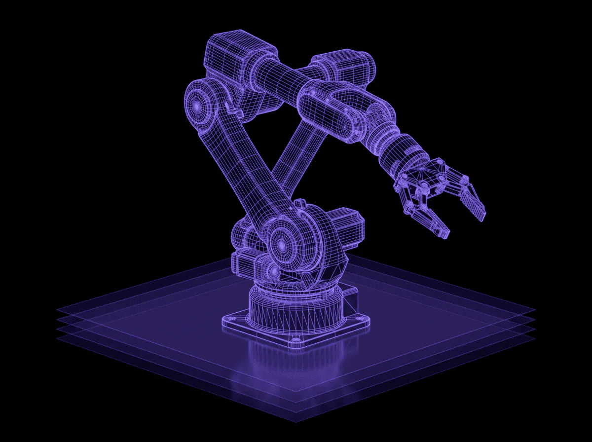 Six-axis industrial robot arm rendered as a purple wireframe over stacked grid planes