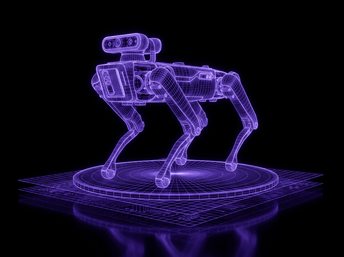 Quadruped inspection robot rendered as a purple wireframe over stacked grid planes