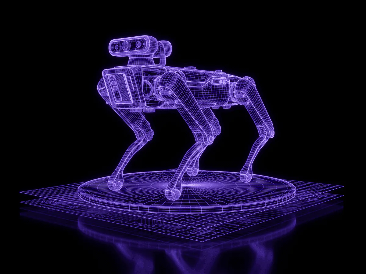 Quadruped inspection robot rendered as a purple wireframe over stacked grid planes