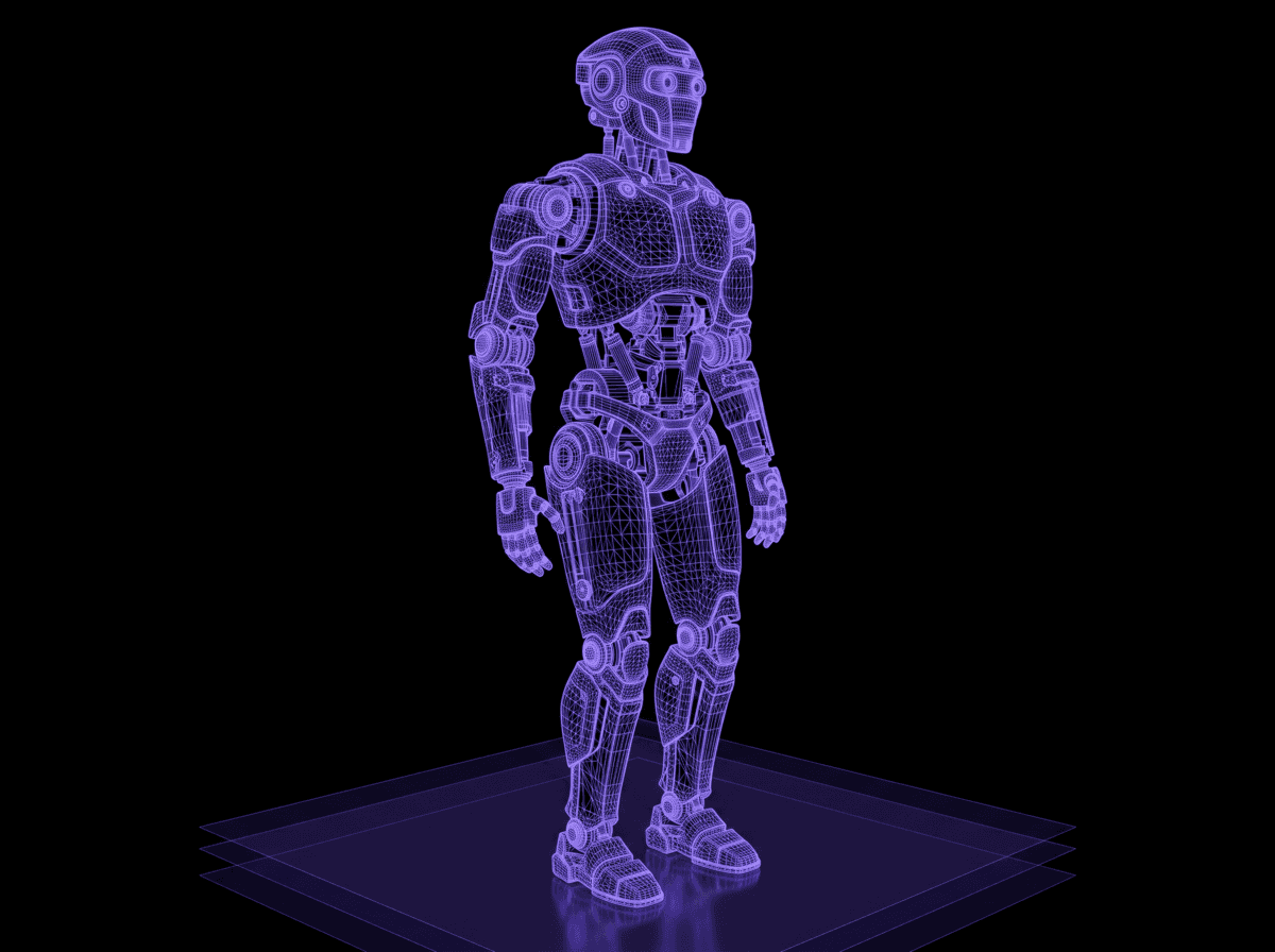 Humanoid robot rendered as a purple wireframe over stacked grid planes
