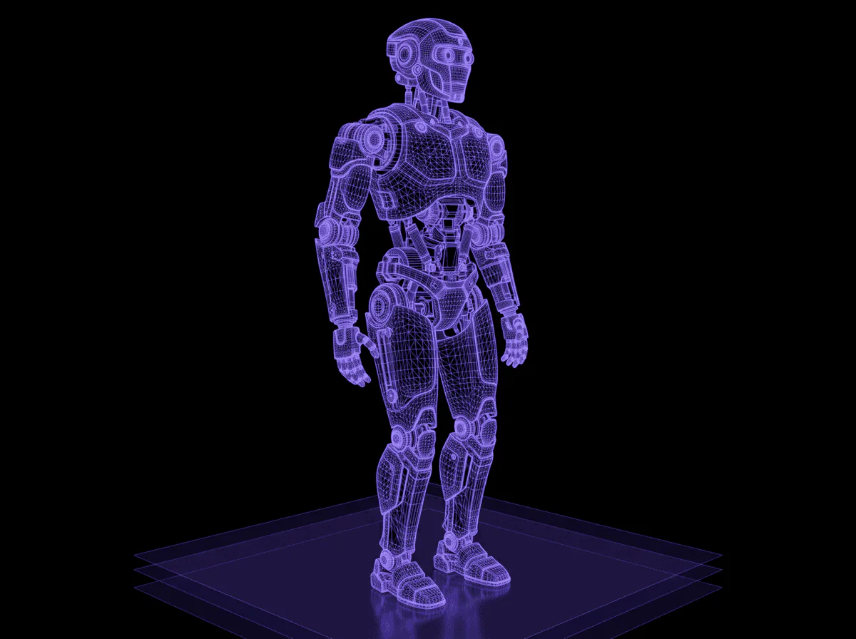 Humanoid robot rendered as a purple wireframe over stacked grid planes