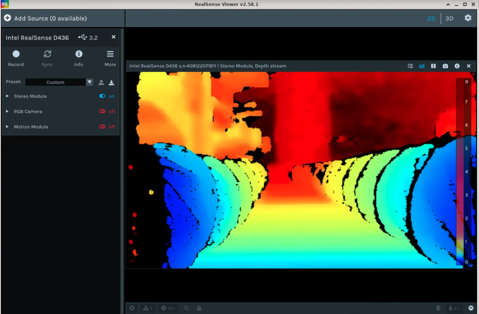 RealSense Viewer showing the car’s Intel RealSense D436 depth stream, colored from blue (near) to red (far)