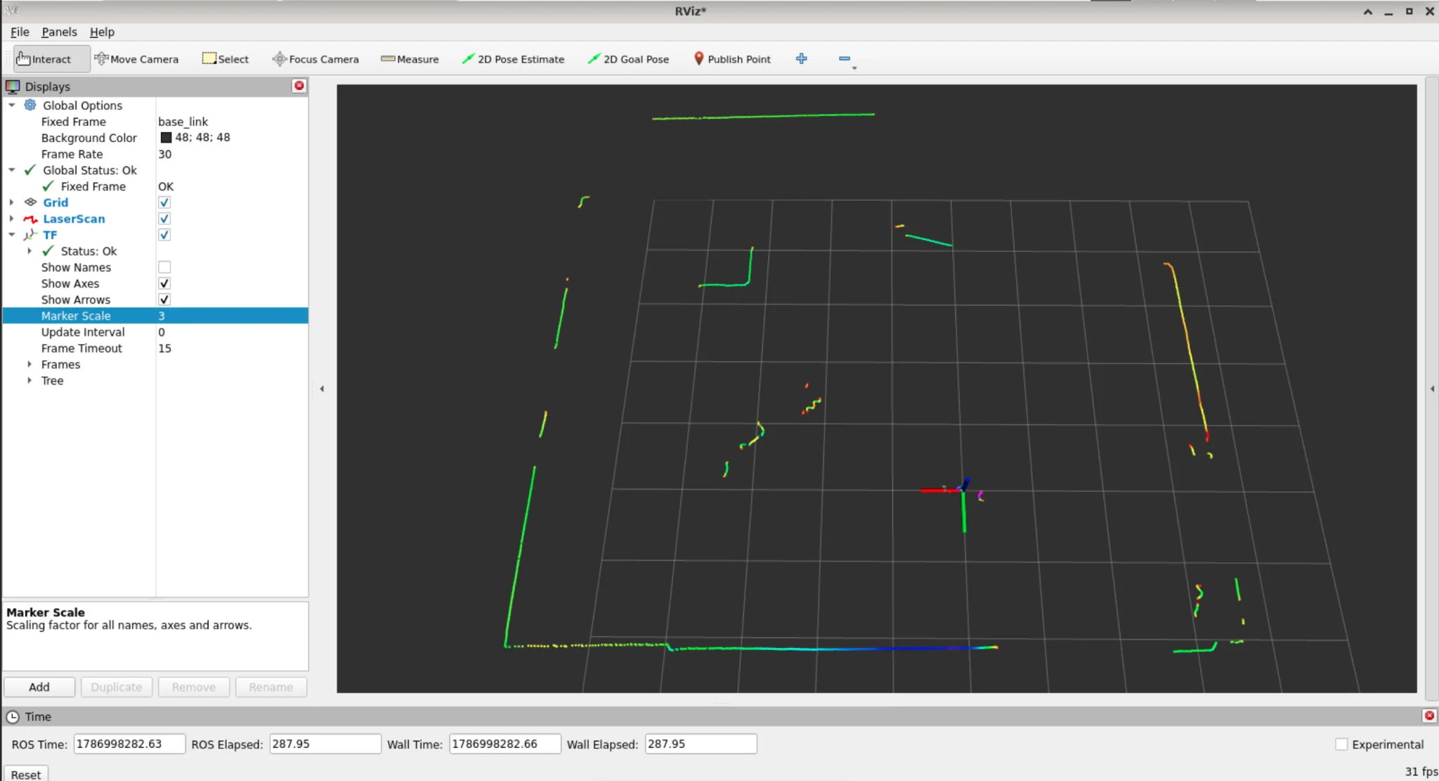 RViz showing the real car’s LiDAR laser scan of the room as colored points over a floor grid