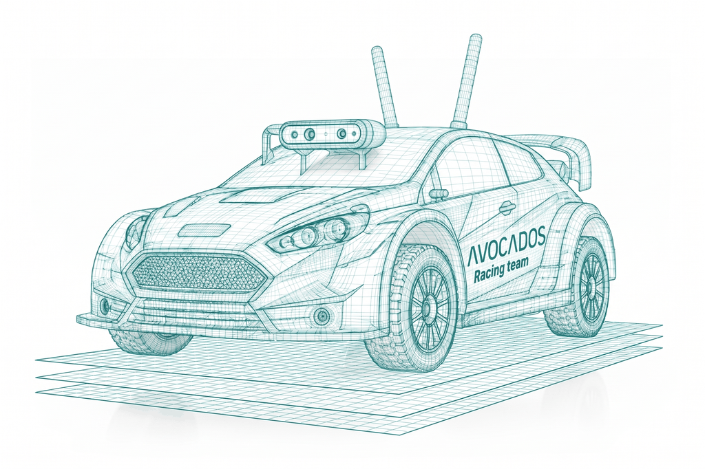 GOAT Racer One as a wireframe above a stack of layers converging into its chassis