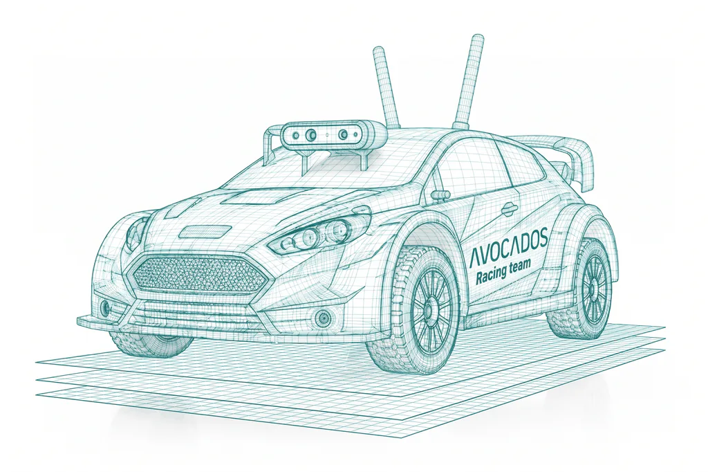 GOAT Racer One as a wireframe above a stack of layers converging into its chassis