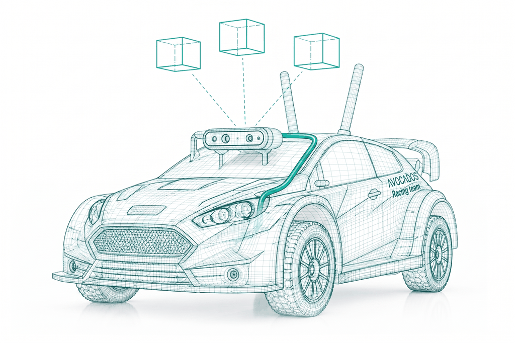 GOAT Racer One as a wireframe, with detached container modules above the roof camera and one solid line running into the chassis